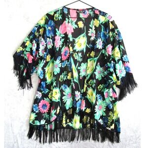 Select Womens Floral Kimono Cardigan Black Pink Blue Fringe Trim Size UK 16